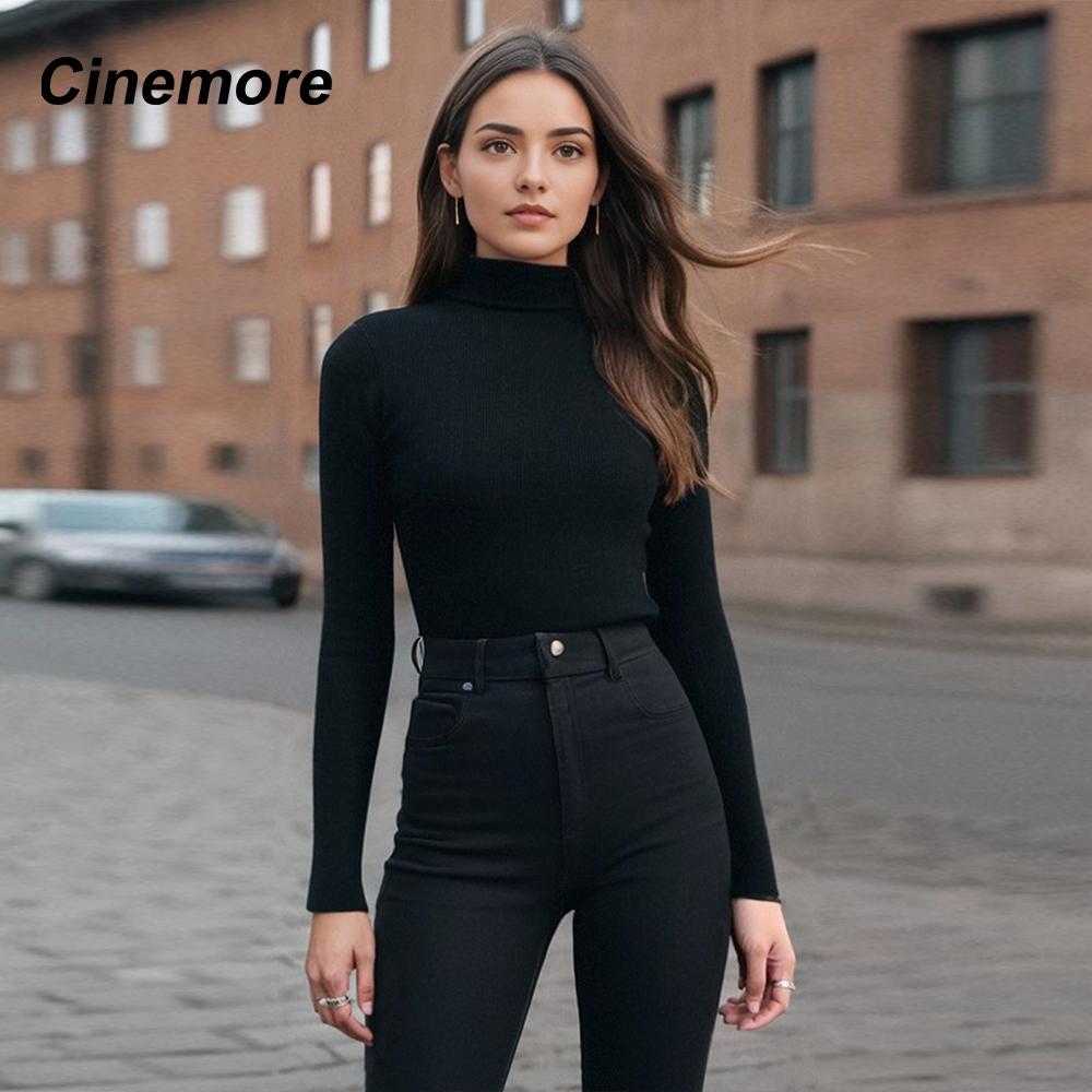 Cinemore Women's Sweater Solid Oversize Casual Pullovers Shirt Warm High Neck Basic Knitted Jumper Cashmere Bottoming Top
