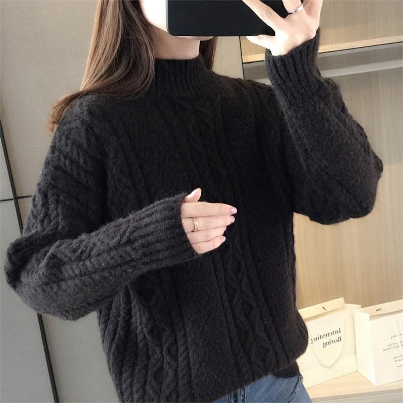 Autumn and Winter New Solid Color Semi-turtleneck Pullover Sweater with Women's Thickened Loose and Thin Bottom Knitted Sweater