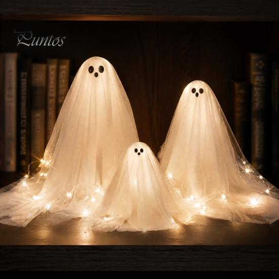 Outdoor Halloween Decorations 3Pcs Lighted Ghost Table Decor, LED Lamp, White Luminous Adjustable Height Decor Centerpiece, Spooky Tabletop