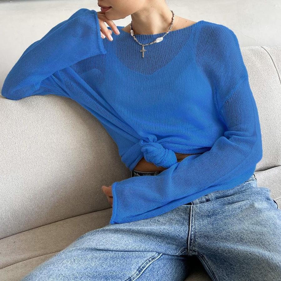 Letní Dámské pletené svetry Lady Hollow Out Síťovaný tenký svetřík Průhledný vzhled Dlouhé rukávy Volné topy Košile na opalování