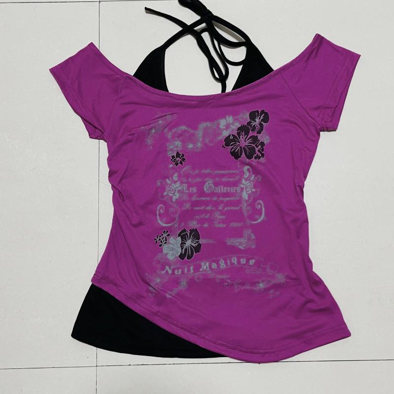 

Американская винтажная поддельная футболка из двух частей с открытыми плечами женская футболка Y2k с коротким рукавом женская летняя дизайнерская повседневная короткая футболка XS фиолетовый