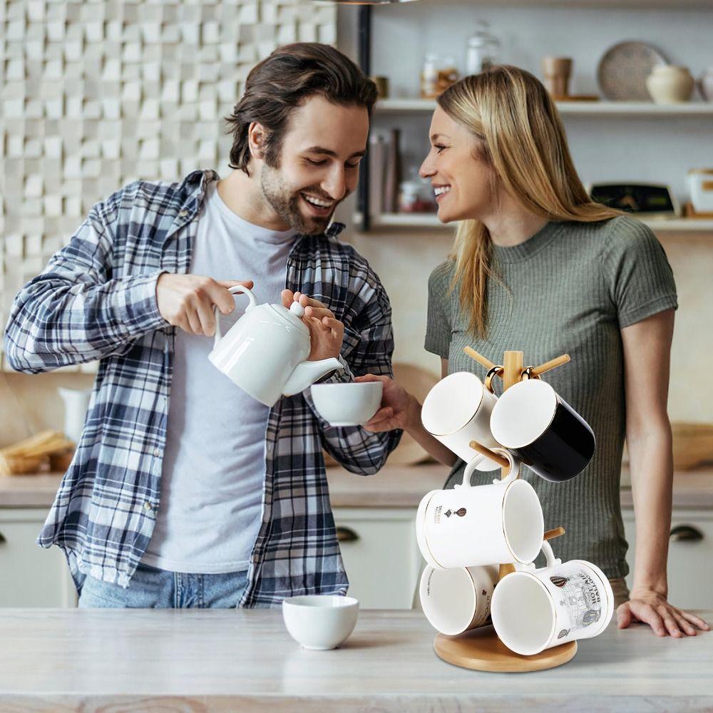 6 Hooks Bamboo Coffee Cup Holder Thickened Base Wood Material Coffee Cup Rack Sturdy Design Tree Shape Cup Storage Holder