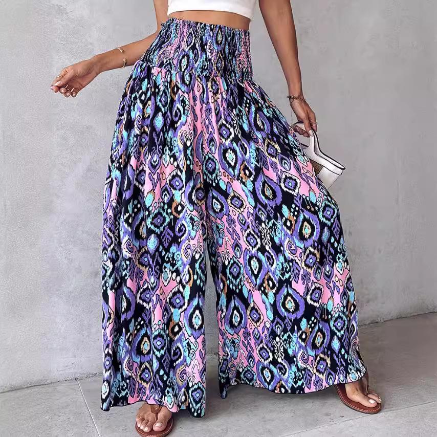 2024 Retro Floral Print Waist-Cinching Wide-Leg Pants for European and American Women