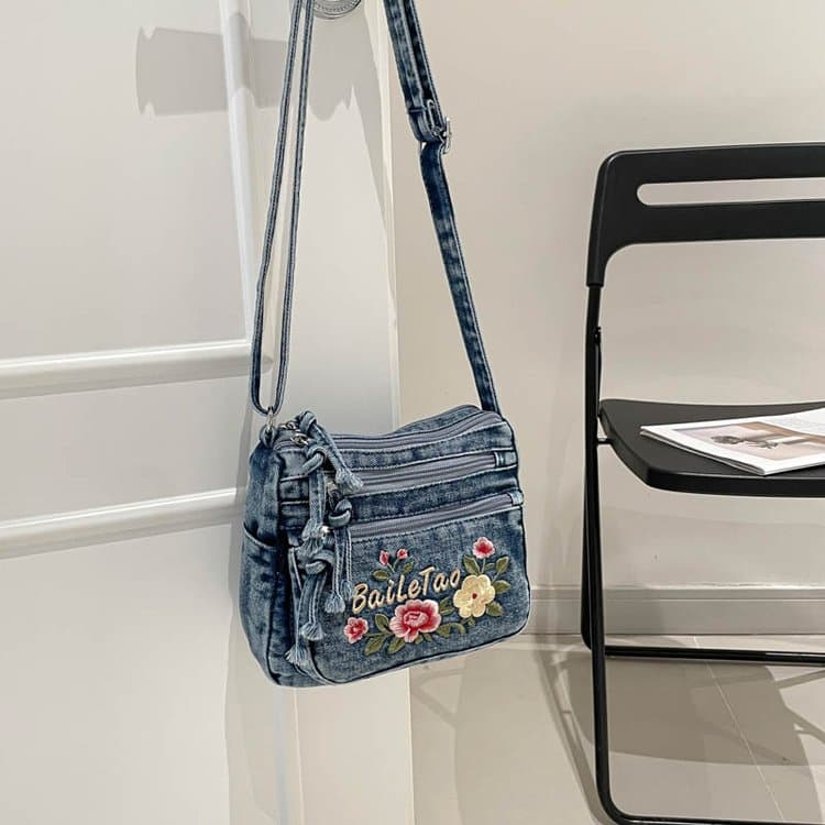 Denim flower embroidered messenger bag women s shoulder bag