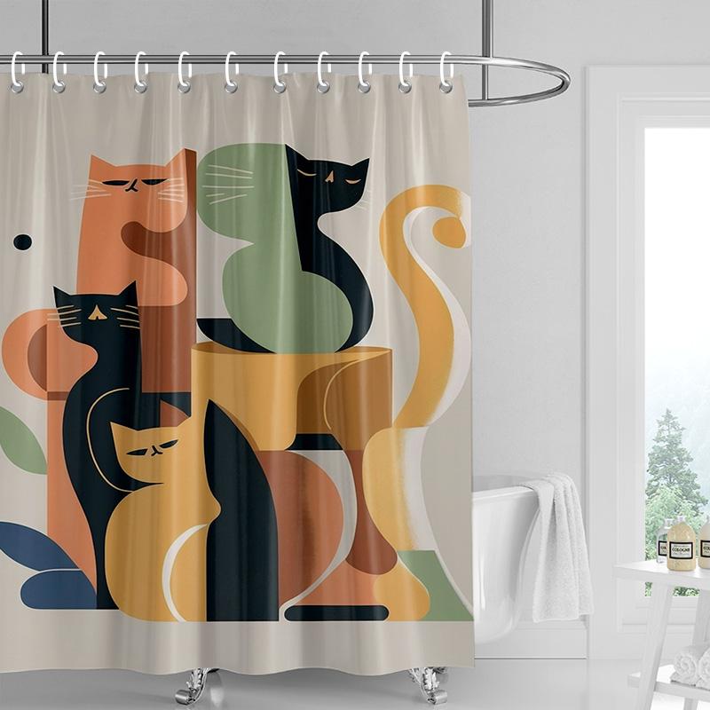 Cartoon cat waterproof shower curtain home decoration bathroom partition shower curtain 180x 200cm with 12 hooks