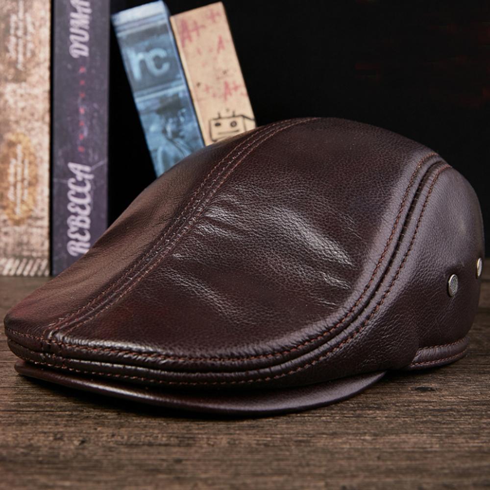 HT4846 Berets High Quality Genuine Leather Cap Men Women Thick Warm Autumn Winter Ivy Flat Cap Male Plus Size Earflap Beret Cap