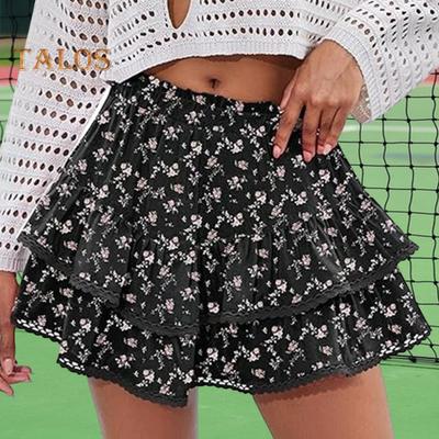 Women Cake Skirt High Waisted Double-Layered Ruffle Bohemian Mini Skirt with Elastic Waistband Lace Hem Skirt