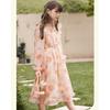 Sweet Orange Floral Print Dress for Girls, Spring and Autumn Fashionable Princess Dress for Children