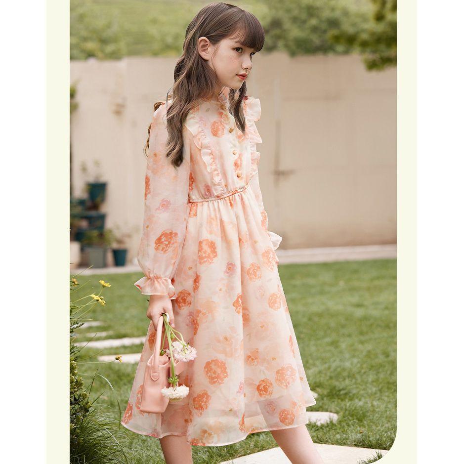 Sweet Orange Floral Print Dress for Girls, Spring and Autumn Fashionable Princess Dress for Children