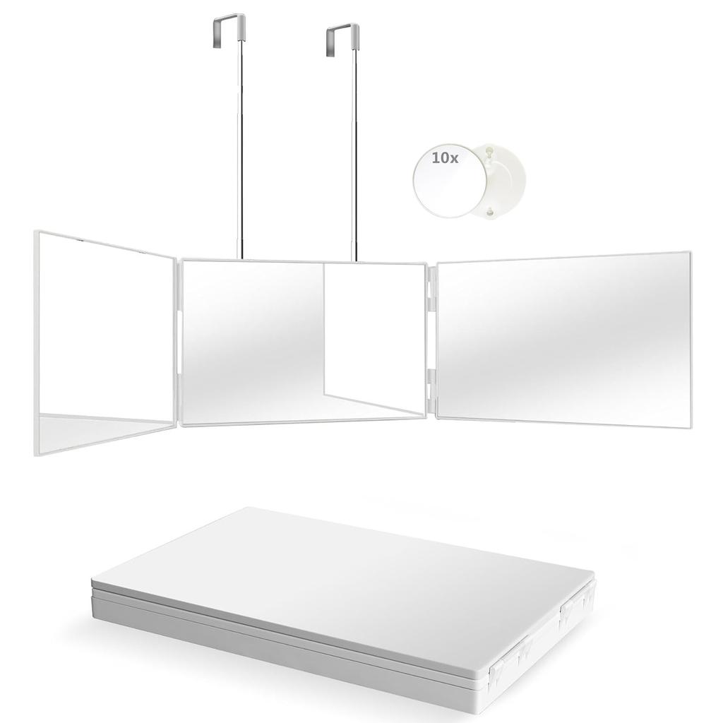 Trifold Shaving Mirror with Height Adjustable Telescoping Hooks for Self Hair Cutting Makeup Essential Fordable Portable White