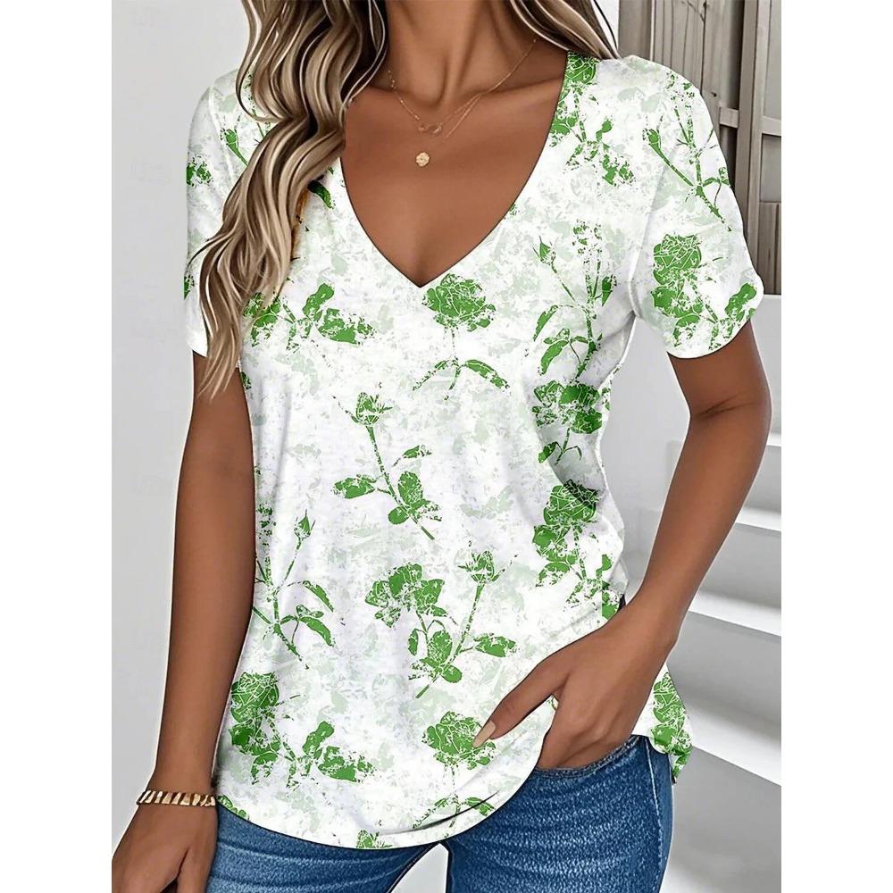 Women's Summer T-shirt Plant Flower Print Retro Fashion Casual Short-sleeved Street V-neck Women's Clothing