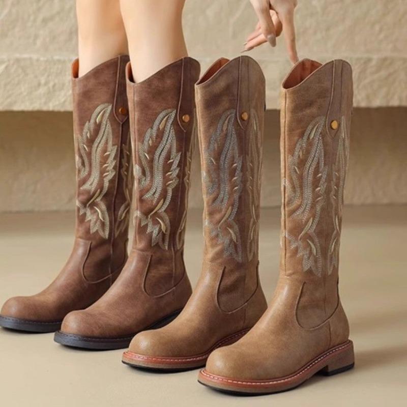 Fashion Plus Size New Women's Embroidered Western Knee High Boots Cowboy Cowgirl Boots Chunky Heels Platform Boots Women Western Shoes