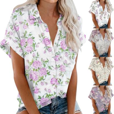Women Summer Tops Short Sleeves V Neck Button Shirts Work Shirts Dressy Elegant Loose Shirts Women Pullover Beach Shirts Short Sleeves