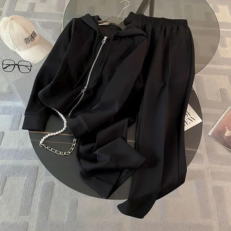 

Модный элегантный женский весенне-осенний открытый кардиган с капюшоном и широкими брюками, свободный универсальный комплект из двух предметов, модный XS чёрный