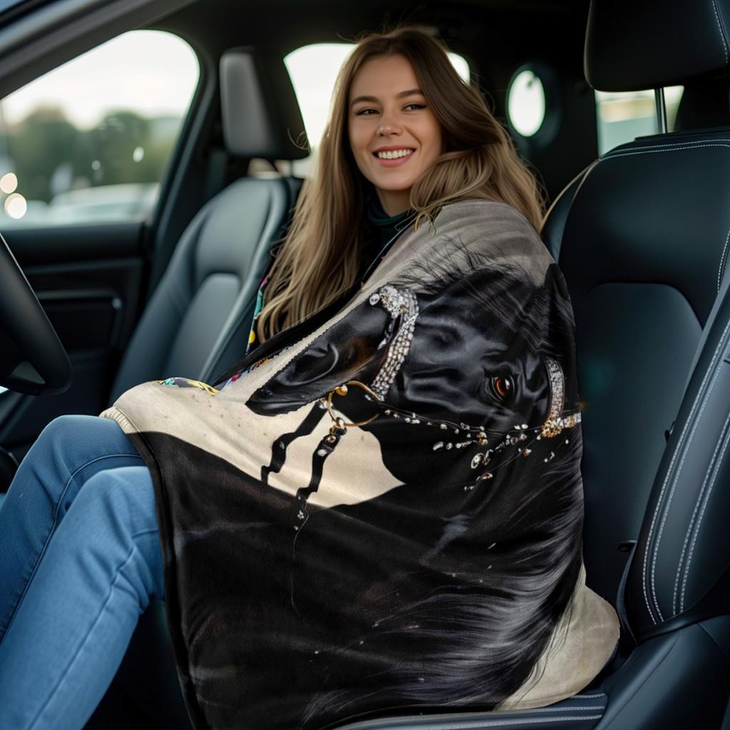 Majestic Black Horse Shiny Reins Flannel Blanket - Bed, Sofa, Office, Travel, Gift, Decoration, Chair, Comfortable Warmth