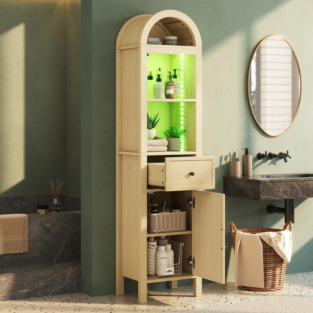 Tall Freestanding Bathroom Cabinet, Arched Top, LED, Reversible Door, Drawer, Magnetic Closure, Soft-Close Hinges, 40×30×163 Cm, Natural Wood Color