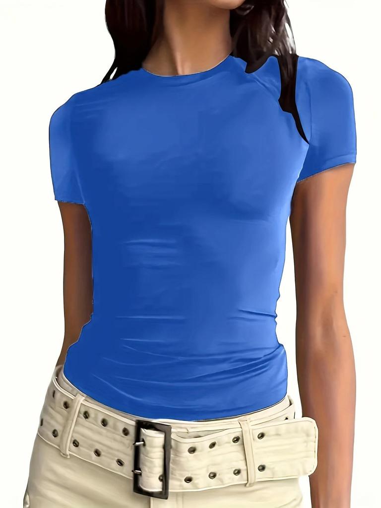 Women's Slimming Stretch Round Neck T-Shirt: Solid, Short Sleeve, Versatile Casual Top