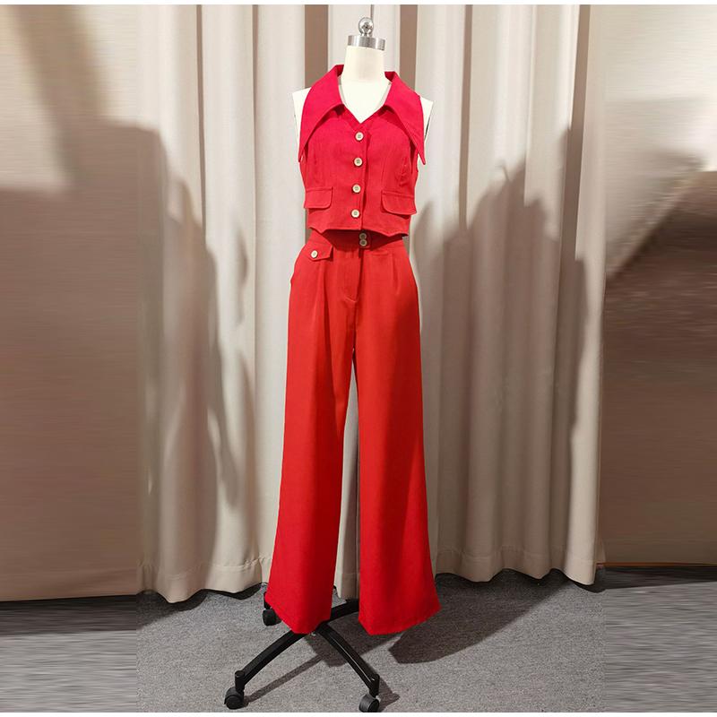 2025 spring and summer new women's solid color blouse sleeveless waist two-piece casual trousers suit