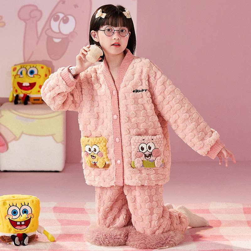 Kids Flannel Pajamas Set Boys Girls Warm Long Sleeve Top And Pants Sleepwear Winter Home Nightwear