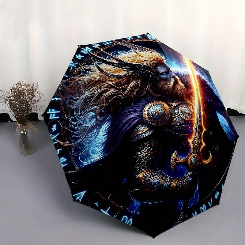 Viking Warrior with Sword Circular Art PrintUmbrella, Portable 3-Fold Compact Umbrella for Men & Women Gift