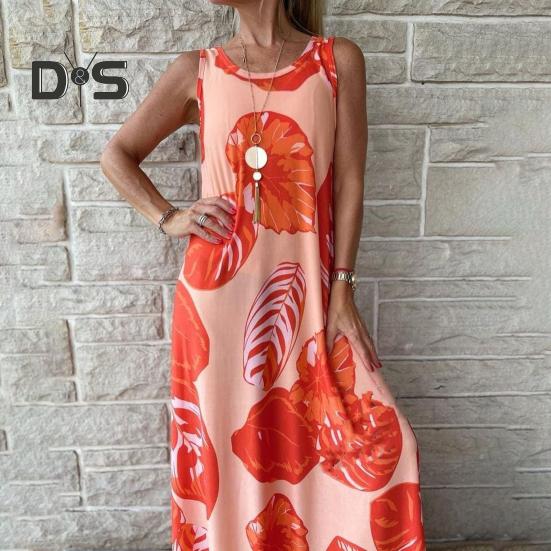 

Women Summer O neck Sleeveless Vest Dress Colorful Geometric Print Loose Fit Thin Long Dress Streetwear S разноцветный