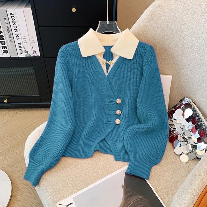 Autumn Spring Design Splicing Slim Women Knitted Cardigan Sweater Jacket Fashion Fake Two Items Loose Ladies Top
