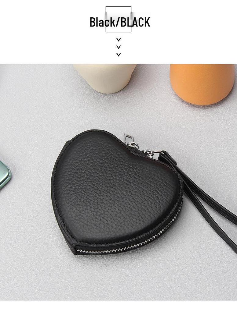 Genuine Leather Heart-Shaped Coin Purse for Women - Cute Korean Style Handheld Wallet for Coins, Lipstick, & Earphones.