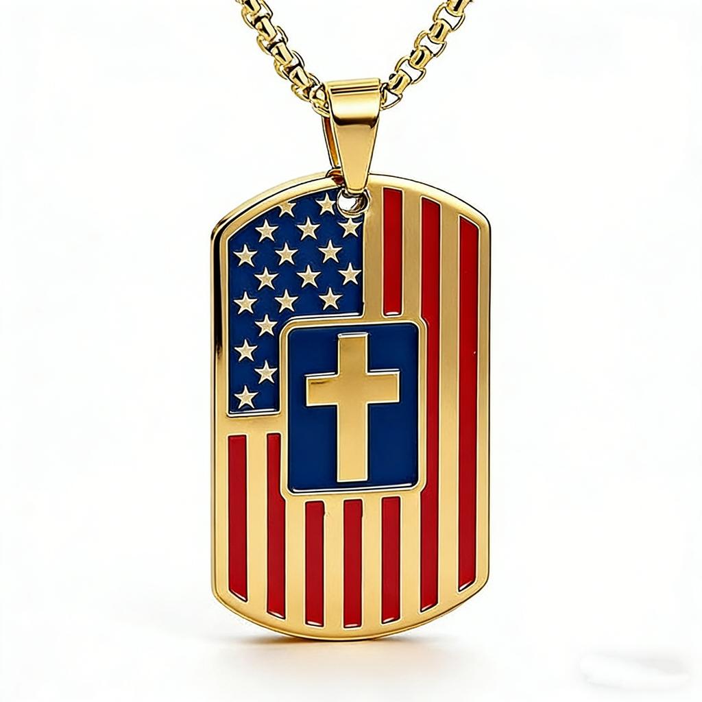 American Flag Stars and Stripes Trendy Fashion Lettering Cross Dog Tag Pendant Necklace