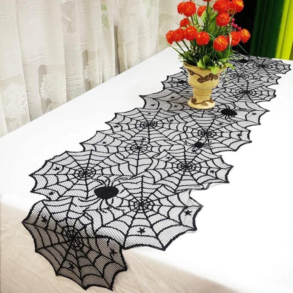 Translucent Spider Web Black Lace Table Runner Mesh Halloween Table Cover  Party Dinning