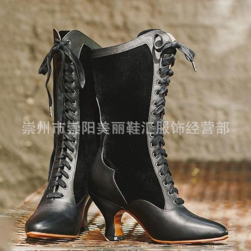 Women's Party Mixed Colors Mid-Calf Boots Pointed Toe Square Heel Lace Up Women Shoes Elegant Retro Fashion Boots Large Size 43