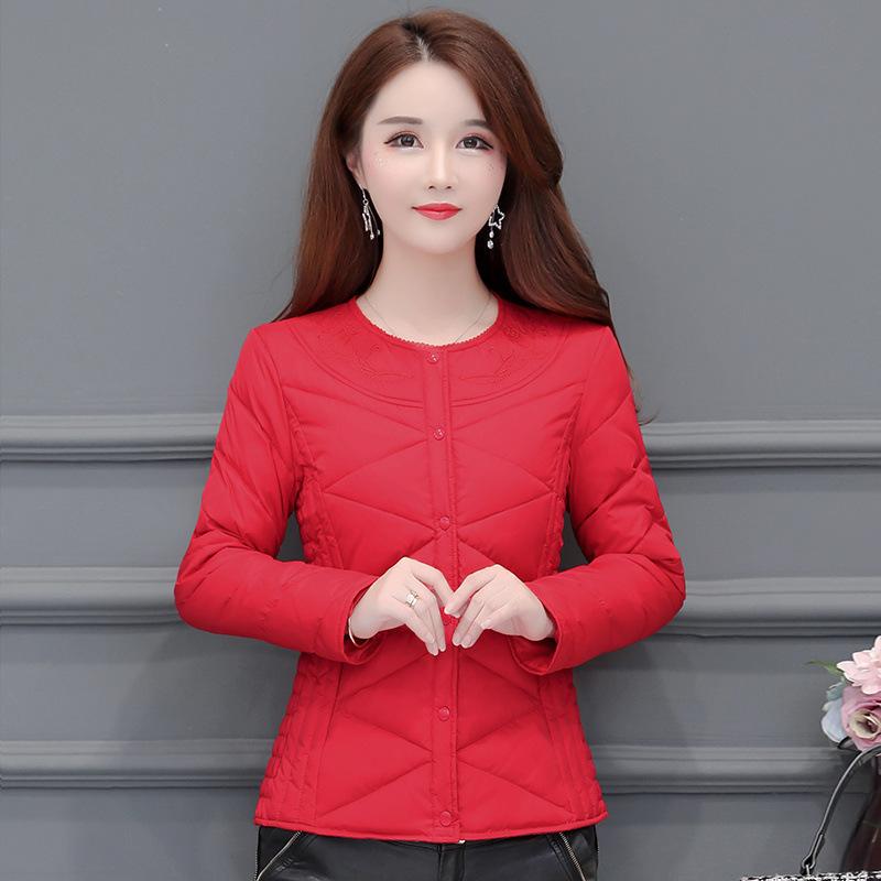 

Зимняя куртка с пуховым наполнителем, женская, внутренняя короткая, одежда для мам, утолщенная, бархатная, для пожилых мам среднего возраста, куртка с карманами, розовая XS красный