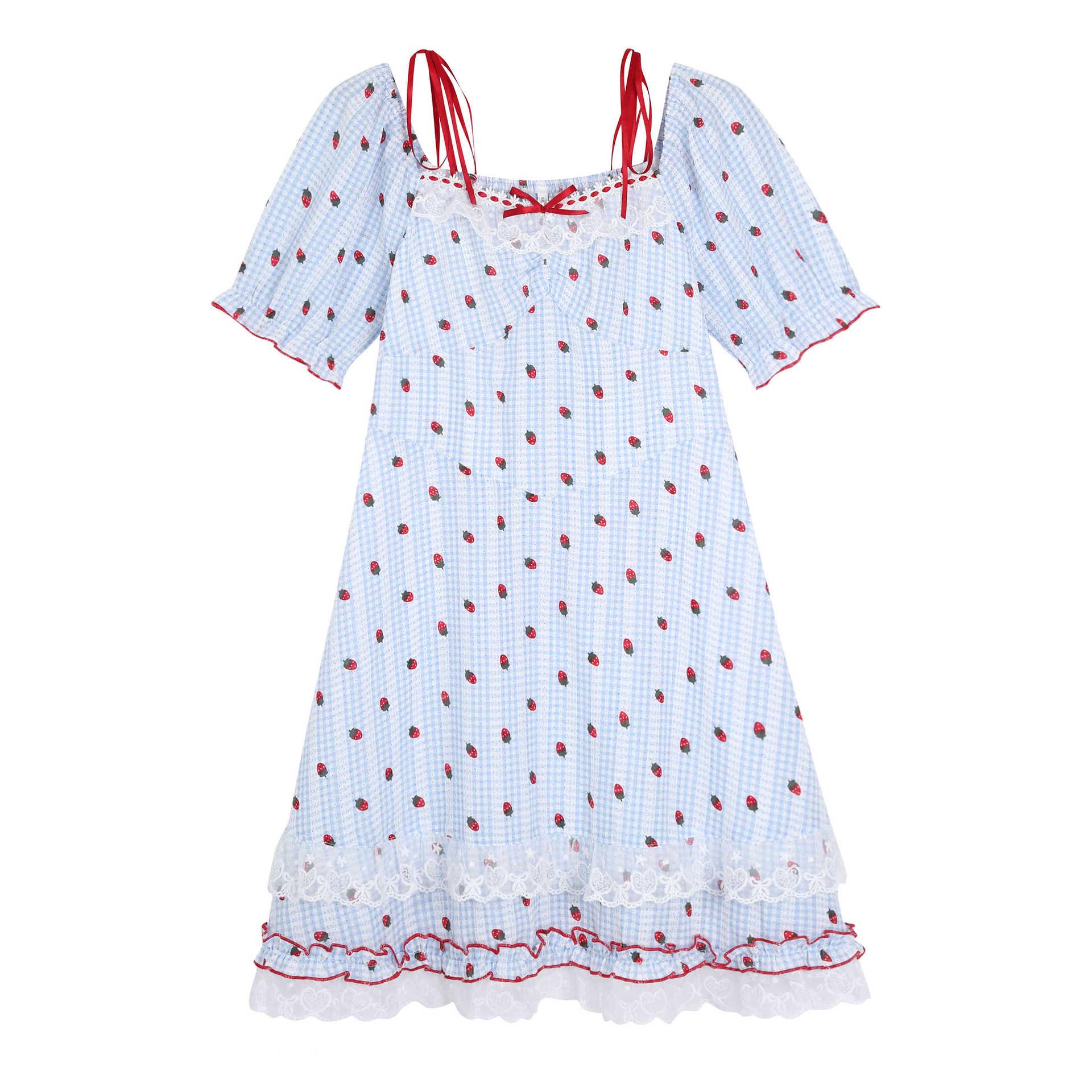 

Korean Style Plaid Strawberry Waist-Cinched Plus Size Summer Dress for Girls - Slimming & Playful 4XL (Recommended for 90-100kg)