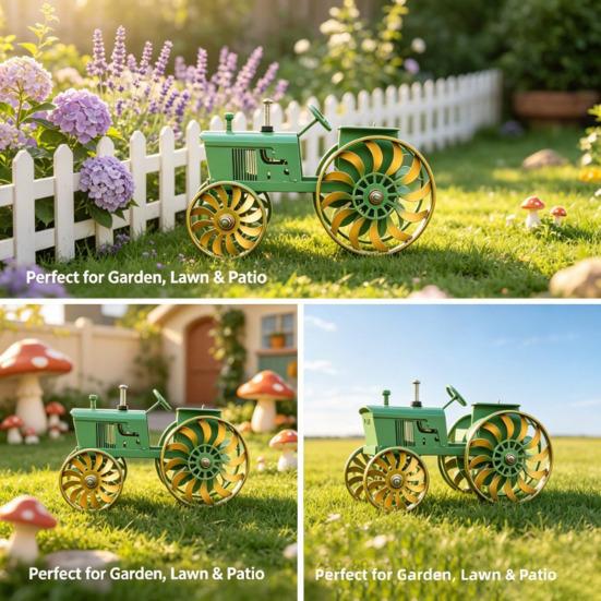 Garden Wind Spinner Kinetic Tractor Wind Sculpture with Rotating Wheels Outdoor Metal Windwill with Stake for Flower Bed Lawn Patio