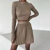 RUGOD New Women's Fashion Long Sleeve Corset Pleated Mini Skirt Short Skirt Women's Knitted Sweater Two Piece Set
