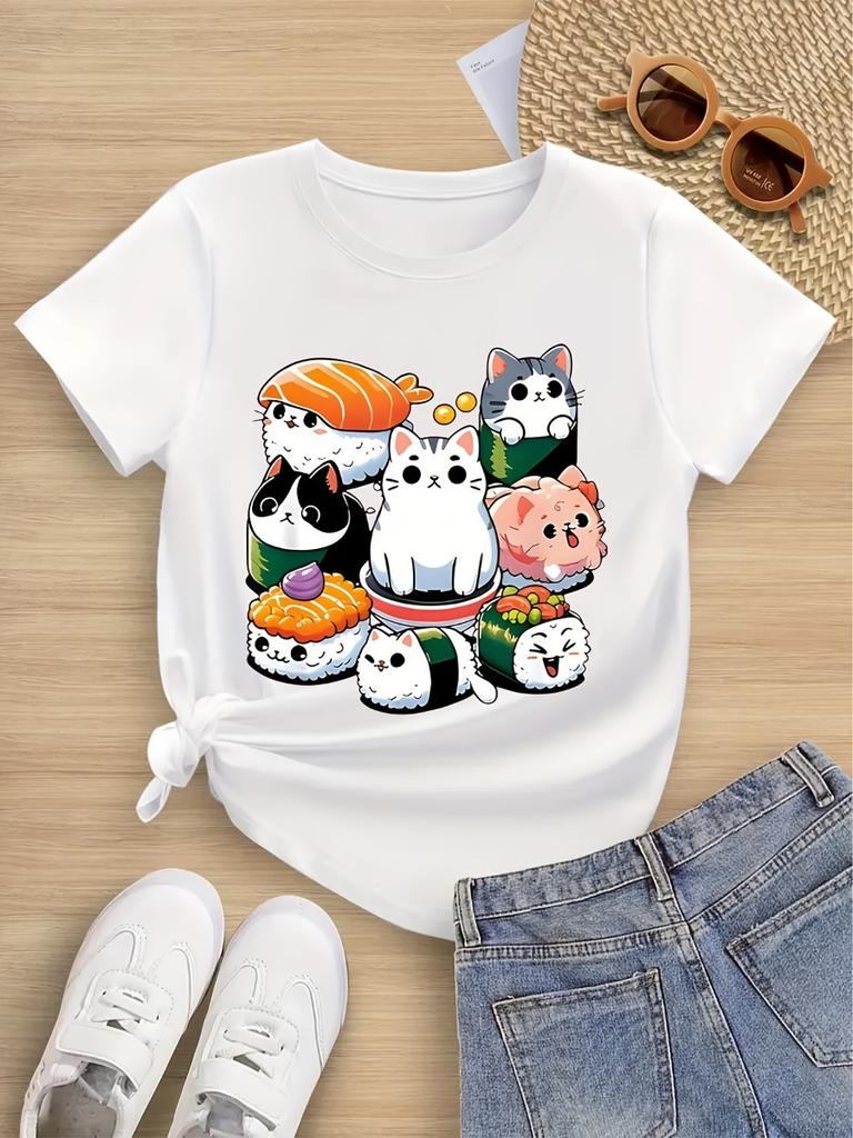 Summer Cute Sushi Print Round Neck Short-sleeved T-shirt Cute and Playful Style Suitable Foroutings and Daily Wear
