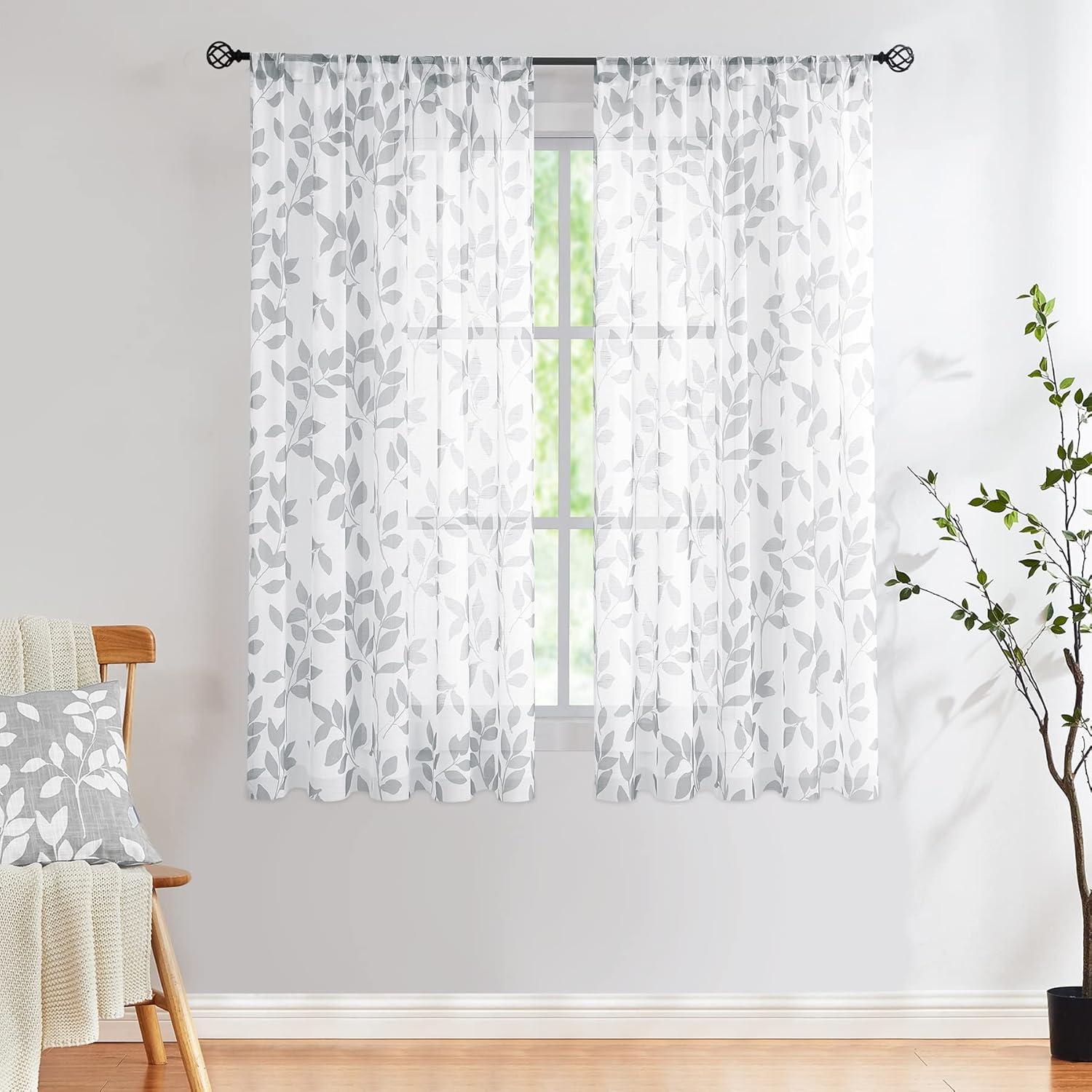 

2pcs grey leaf printed curtains: suitable for living room/daily use fresh and elegant pole type translucent gauze curtains 100*130 HOOK 1pcs