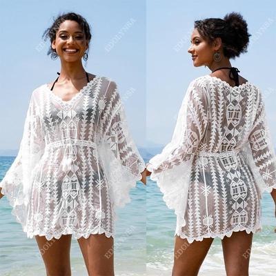 Sexy durchsichtige Bikini-Vertuschungen, weiße Spitzentunika, Damen-Sommer-Strandkleidung, Badeanzug, Vertuschung, transparentes Minikleid