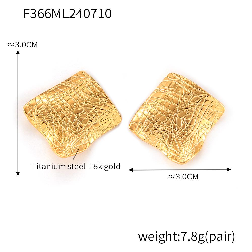 18K Gold-Plated Geometric Titanium Steel Earrings - Retro European & American Style with Irregular Pleated Design
