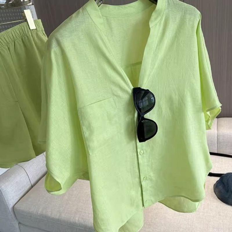 

Normcore Vacation Style Summer Linen Suit Stand Collar Half Sleeve Shirt Fruit Green Shorts Tea Break Cotton and Linen Two-Piece Suit Summer Green S