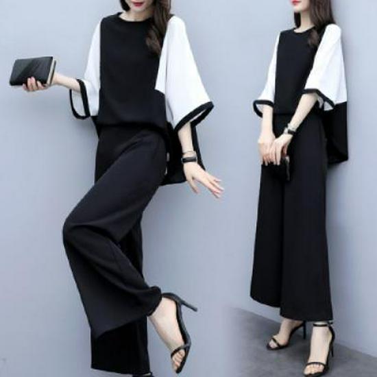 Women's Spring/Summer Two-Piece Set: Loose Spliced Top & Wide-Leg Pants Casual Fashion