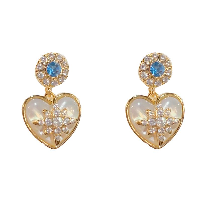 Women Fashion Rhinestone Star Mother Of Pearl Heart Drop Earrings