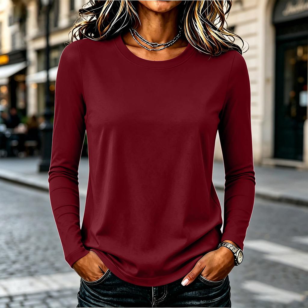 Women's Casual Long Sleeve Solid Color Crew Neck Shirt Lightweight Soft Fabric Relaxed Fit Everyday Wear