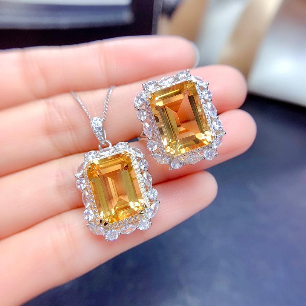 Light Luxury Imitation Natural Citrine Set Ring Pendant 10X12 Large Ring Face Lucky Yellow Diamond Necklace