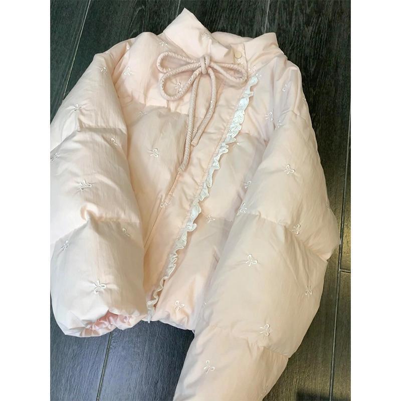 Women's Embroidered Bow Tie Stand Collar Lace Jacket – Winter Style, Warm Cotton Padded, Sweet Splicing Design