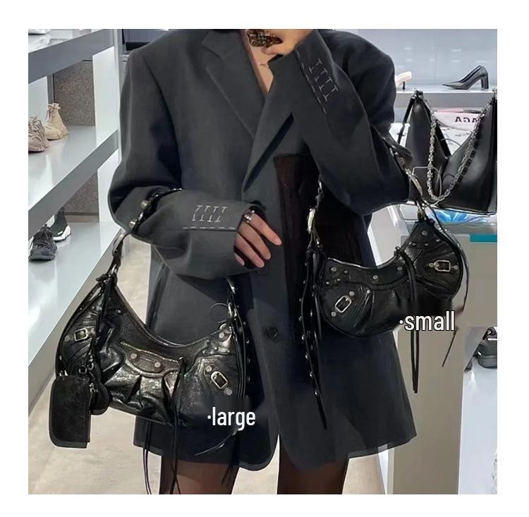 Women's 25 New B Motorcycle Bag: Underarm Rivet Tassel, Three-in-One Crescent Fold Cowhide Shoulder & Messenger Bag