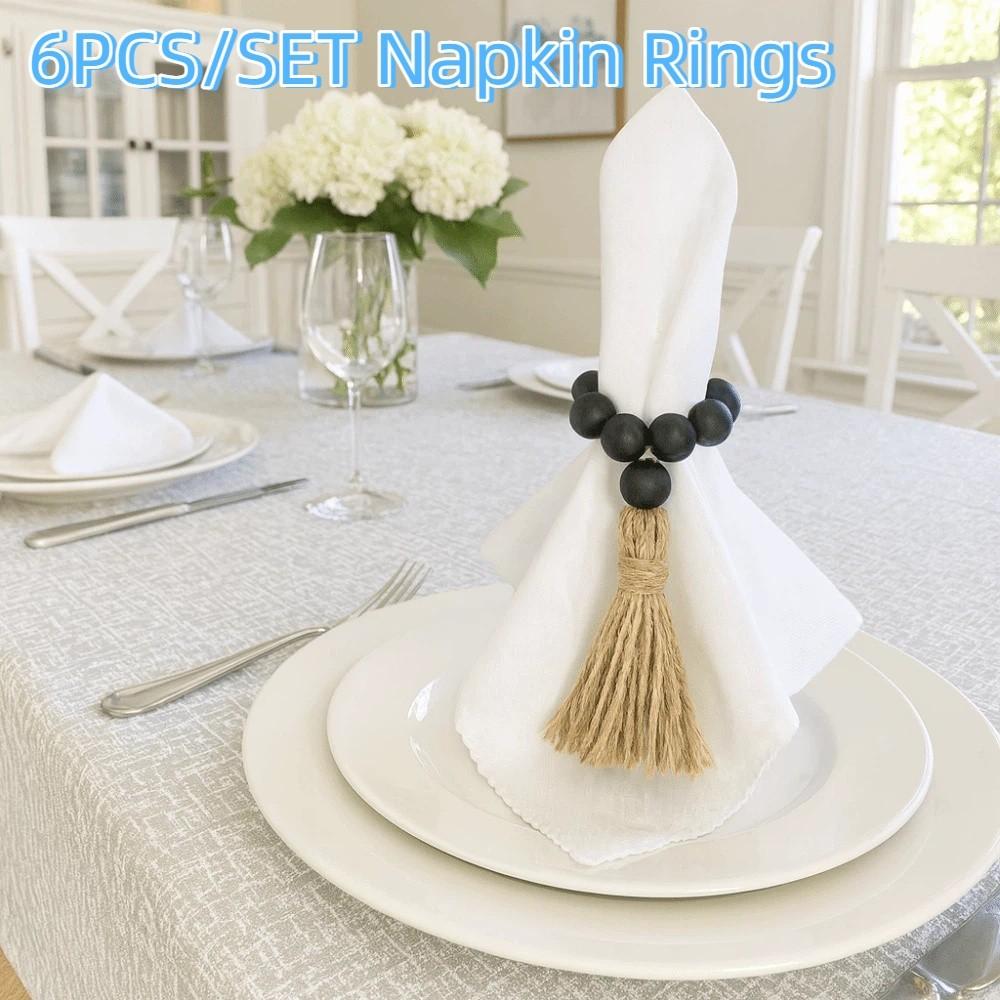 6 Pieces Farmhouse Style Wooden Bead Napkin Rings Adjustable with Tassel Napkin Buckle Handmade Napkin Holder Holiday Banquet