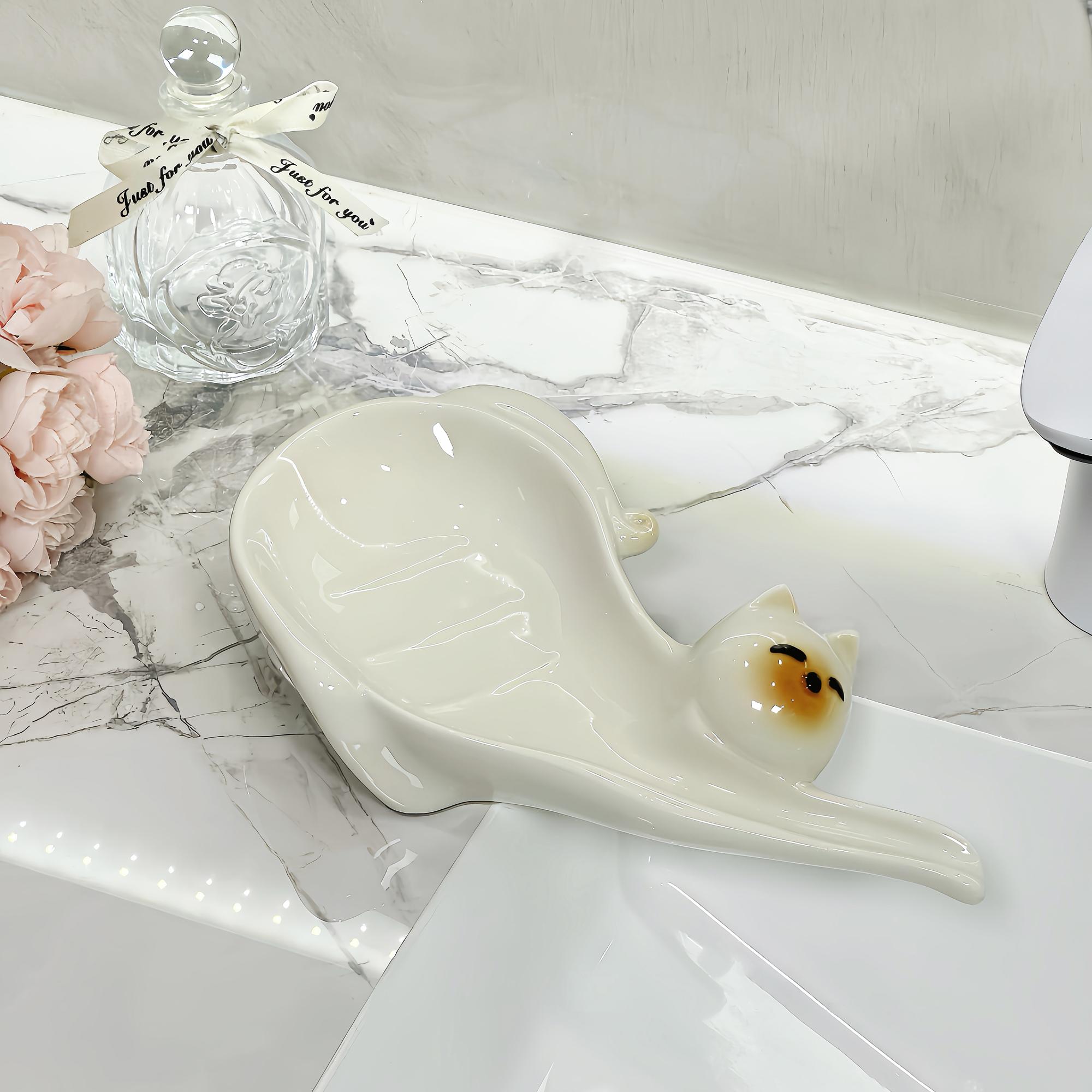 

Милая мыльница в виде кошки, домашняя дренажная полка, ванная комната, без сверления, креативная керамическая коробка для хранения мыла в ванной