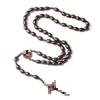 Hand-Knotted Natural Wooden Cross Rosary Necklace with 9x10 Coffee-Colored Wooden Beads