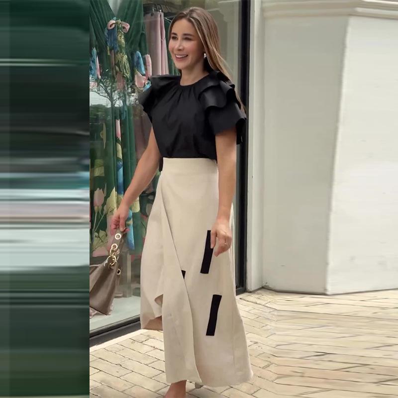 Summer 2024 European & American Women's Ruffle Top and High-Waisted Midi Skirt Two-Piece Casual Set