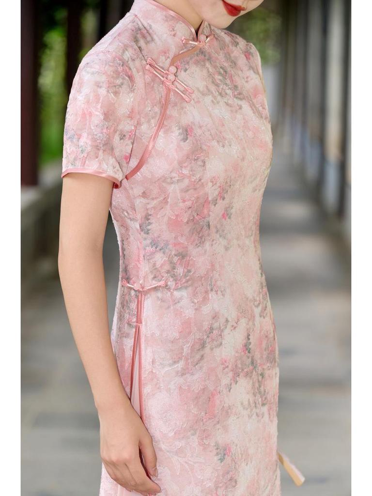 Modern Short Sleeve Long Cheongsam Dress In Literary Chinese Style